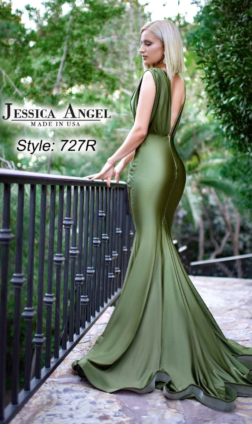 A woman stands outdoors in a sleeveless, olive green Jessica Angel 727R floor-length mermaid prom dress with a train. Text on image: